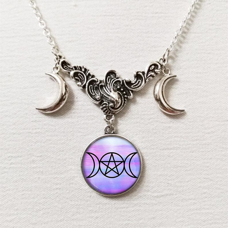 Retro Fashion Sliver Color Triple Moon Goddess Crescent Moon Crystal Glass Pendant Necklace for Women Amulet Charm Jewelry Gifts