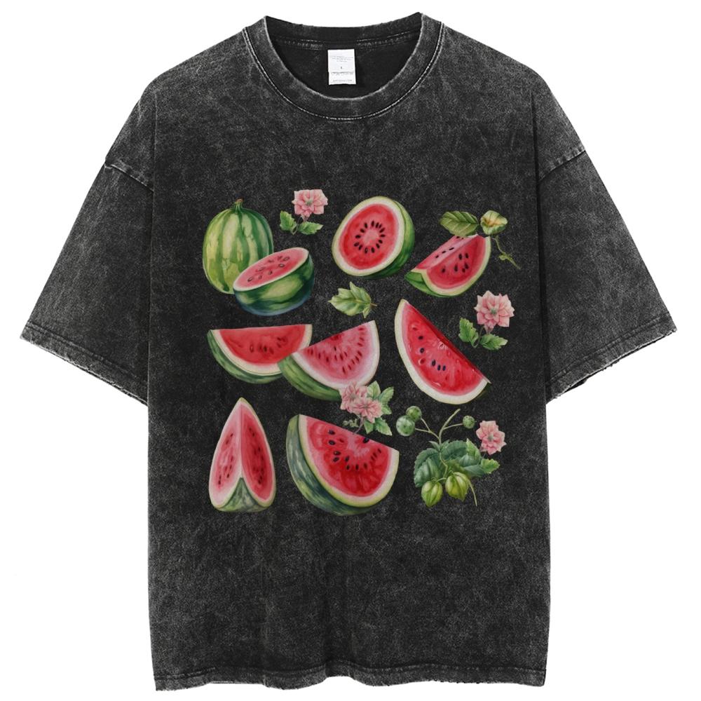 Cartoon Watermelon Fruit Print Women's T-Shirt Loose Fashion Wash Short Sleeve Summer Casual Top Tee