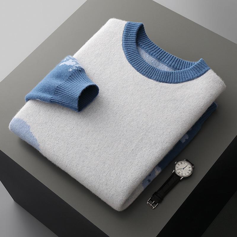 Men's High-End Pure Wool Patchwork Sweater - Winter Round Neck Cashmere Knit, New Style Base Layer