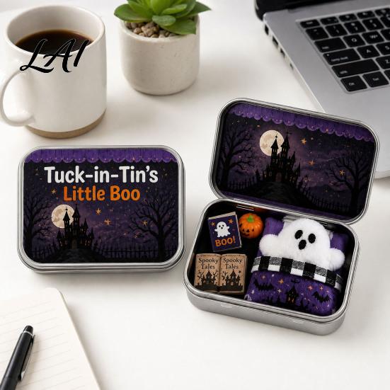Haunted House Gift Box Halloween Mini Tin Gift Plush Ghost with Candy Storage Scene Collectible Micro Theater for Kids Party Favor Witch