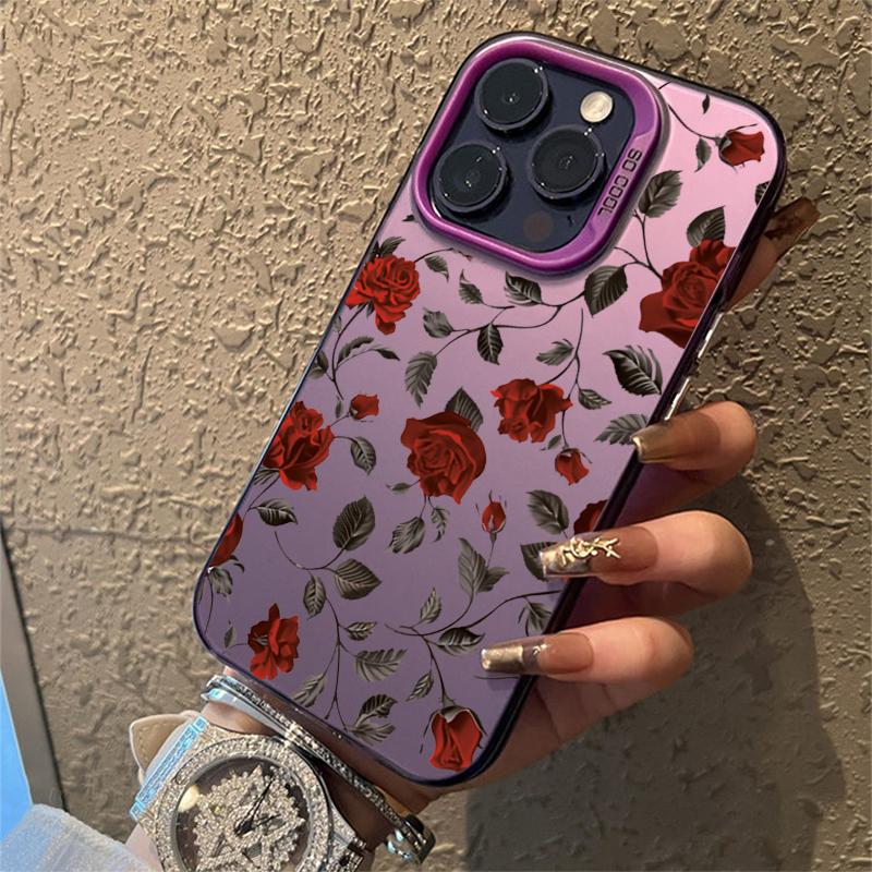 Retro Fashion Red Rose Matte Laser Phone Case For iPhone 11 12 13 14 15 16 Pro Max XS X XR 7 8 Plus SE Shockproof Armour Cover