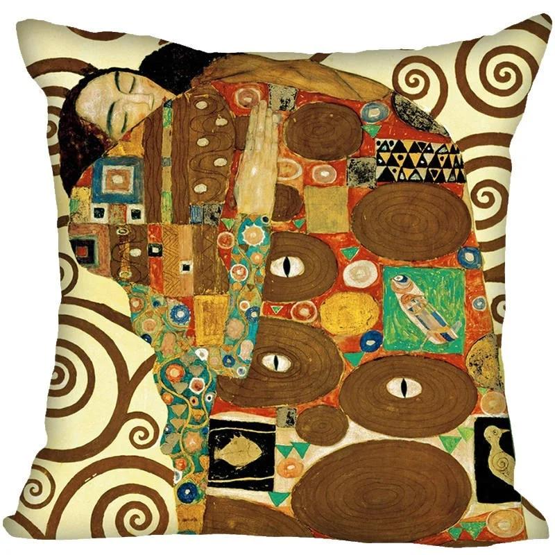 Gustav Klimt Oil Painting Printed Polyester Decorative Pillowcase Home Sofa Square Pillowcover Cushion Cover 45X45Cm
