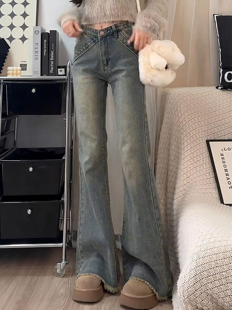 

Удобные винтажные джинсы микро-клеш с необработанным краем женские для невысоких осень с высокой талией тонкие фигура «груша» стройнящие расклешенные длинные брюки длинные джинсовые брюки 4XL