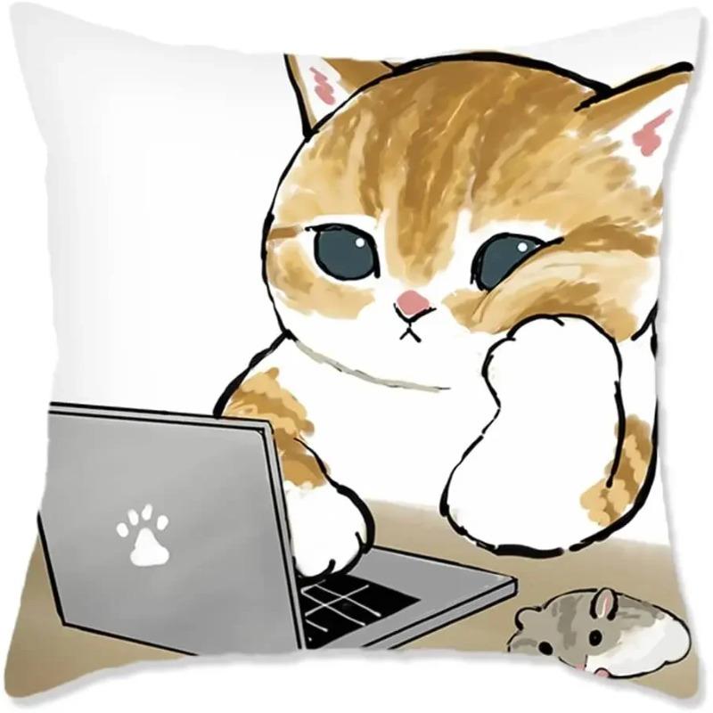 Cute Cat Theme Throw Pillowcase Animal Kitten Pillowcase Soft Short Plush Sofa Decorative Pillowcase with Hidden Zipper