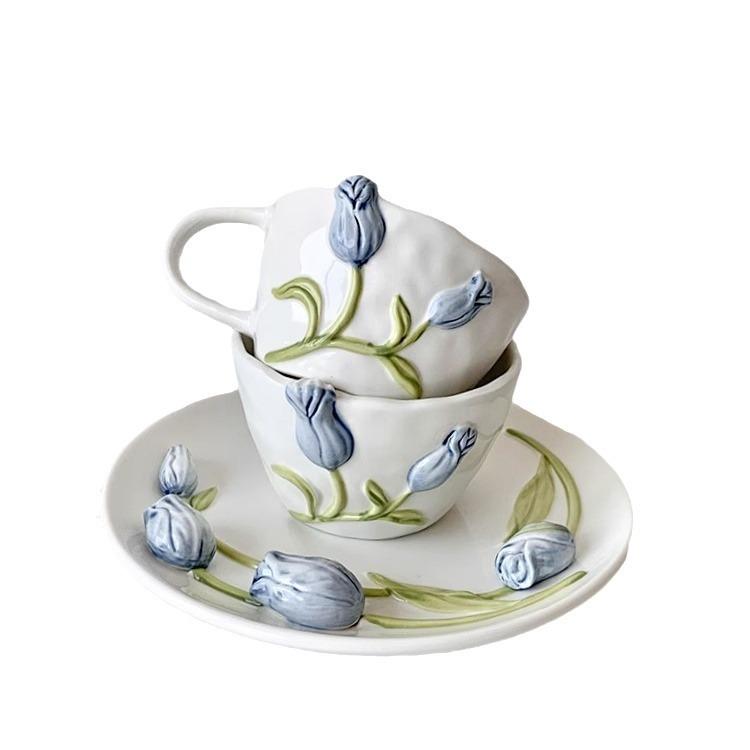 Tulpenbecher Geprägt Handbemalt Ins Style Tasse Kaffeetasse und Untertasse Keramiktasse Zuhause Kreative Wassertasse Teller