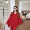 Princess style lace satin pajamas women's spring and autumn new court style doll shirt pajamas horn sleeves thin loungewear