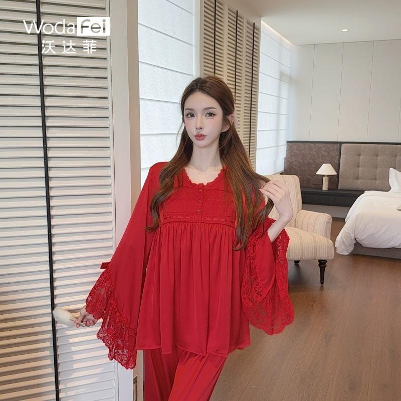Princess style lace satin pajamas women's spring and autumn new court style doll shirt pajamas horn sleeves thin loungewear