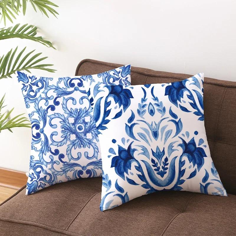 Home Decor Blue and White Floral Pattern Pillow Covers Pattern Cushion Cover Suitable for Sofa Bedroom Car Pillow Cover