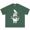 Cartoon Cat And Crow Fish Funny Meme Tshirt Unisex Unisex Vintage Fashion Tshirt Summer Shortsleeved Loose Casual Cotton Tshirts