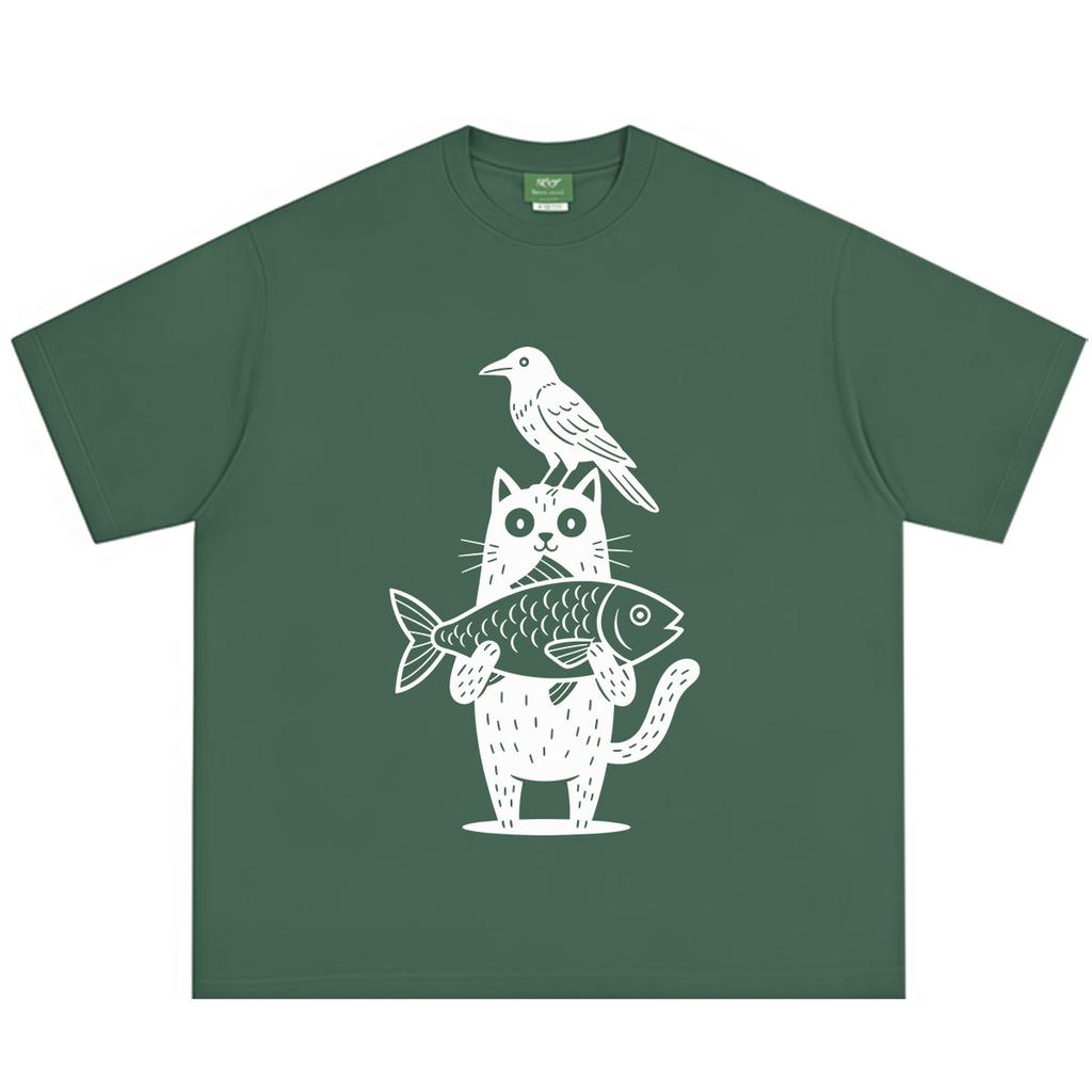 Cartoon Cat And Crow Fish Funny Meme Tshirt Unisex Unisex Vintage Fashion Tshirt Summer Shortsleeved Loose Casual Cotton Tshirts