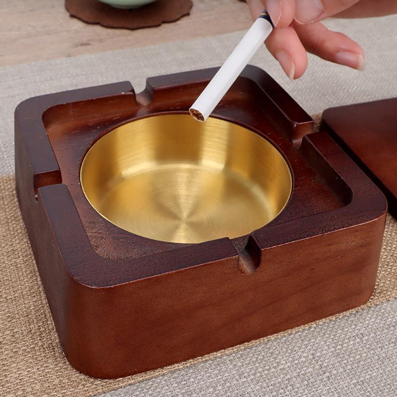 Square / Circle Natural Wood Ashtray With Lid Fireproof Iron Core Compact Size Suitable For Tea Tables And Desks Ash Tray Home