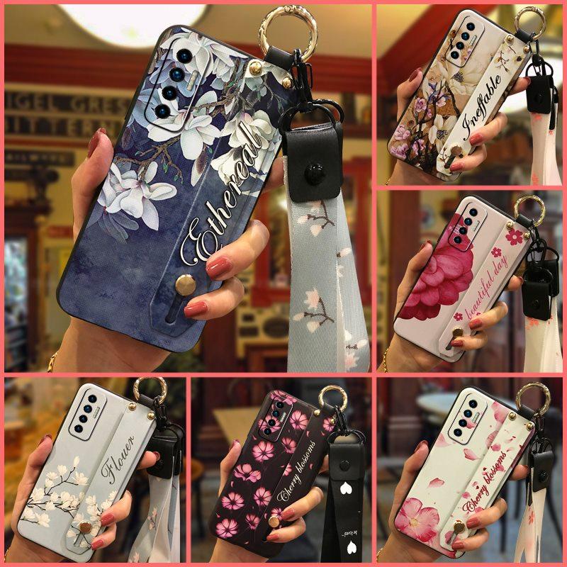 Soft case Silicone Phone Case For Tecno Camon17P Dirt-resistant Flower Durable Wrist Strap Wristband Lanyard Ring
