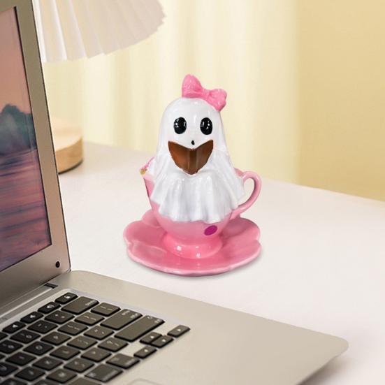 1/2Pcs Halloween Reading Ghost Figurine Pink Teacup Ghost Statue Resin Sculpture Home Office Holiday Party Desktop Decoration Ornament