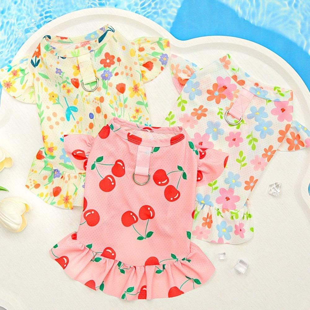 Flower Pattern Ice Silk Dog Clothes Adjustable Pet Flying Sleeve Skirt  Outdoor Activities