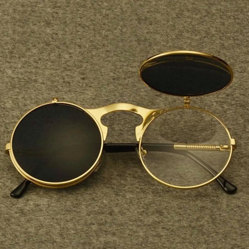 Flip Sun Glasses Steampunk Fold Men and Women Double Lens Clear Alloy Frame Eyewear Eyeglasses Shade UV400 Sunglasses