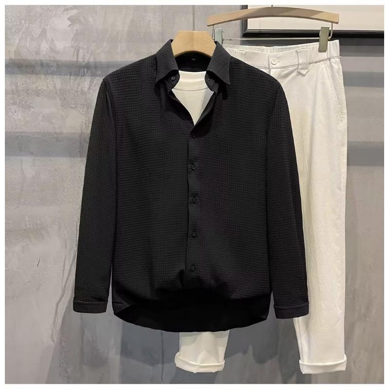 Men's Waffle Knit Long Sleeve Shirt Casual Button Down Streetwear Top
