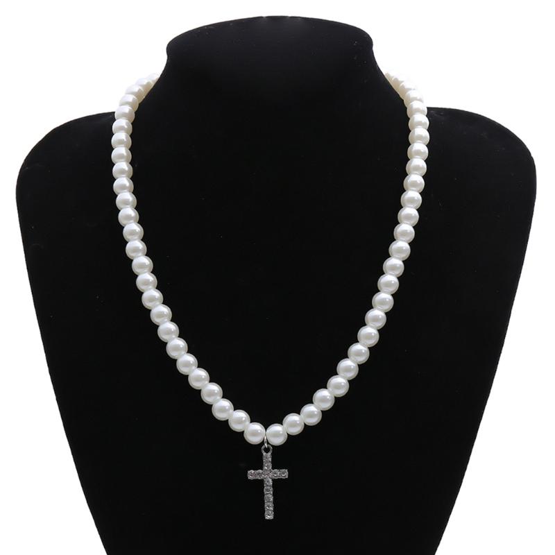 Vintage Artificial Diamond for Cross Pendant Necklace Wedding White Pearl Necklace Round Imitation Pearls Chain Necklace