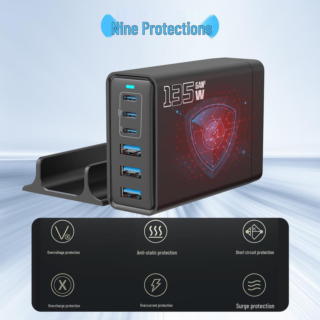 200W GaN Multi-Port Charger for Apple Laptops: 6-Port PD Fast Charging Plug