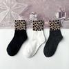 Leopard Print Ribbed Mid-Calf Socks for Women - Autumn/Winter Two-Stripe Casual Design
