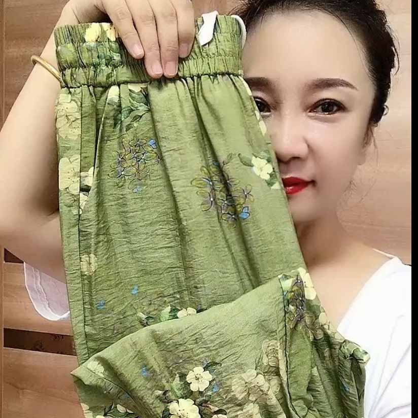 Women's Summer Patchwork Elastic Waist Drawstring Pocket Print Tie Feet Loose Comfort All Match Casual Nine-minute Trousers