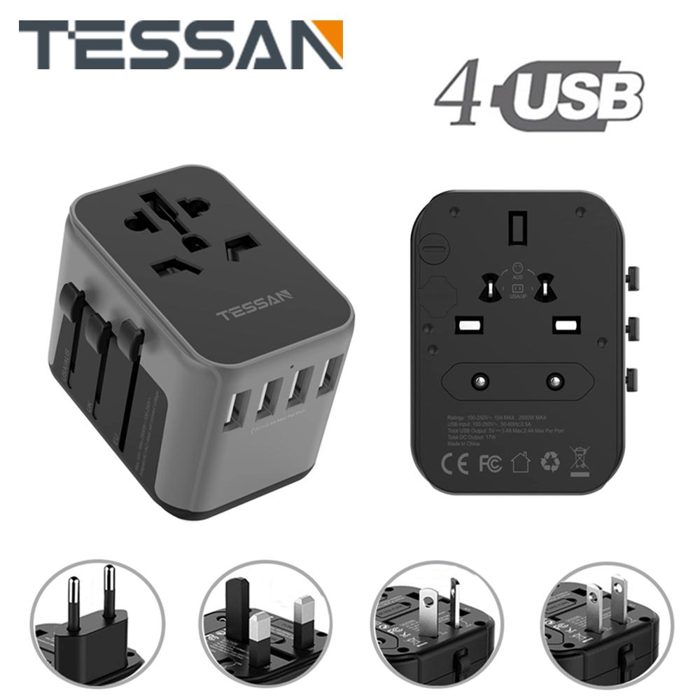 

Универсальный адаптер питания TESSAN, международный адаптер с 4 портами USB, преобразователь настенного зарядного устройства «все в 1» для ЕС, США, Великобритании, Австралии