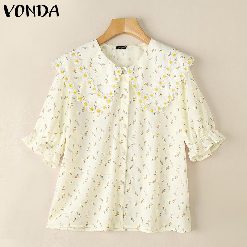 VONDA Damen Sommer Puffärmel Stickerei Saum Blumendruck Lässige Bluse