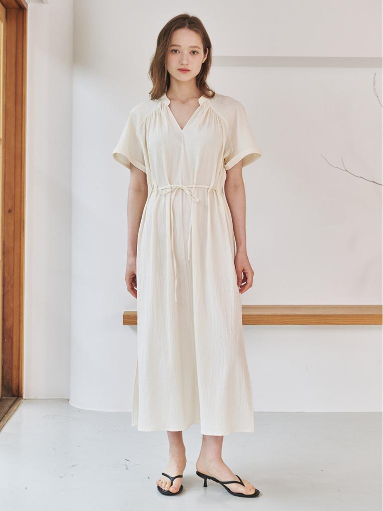 NOUVE V-Neck Shirring Dress - Ivory