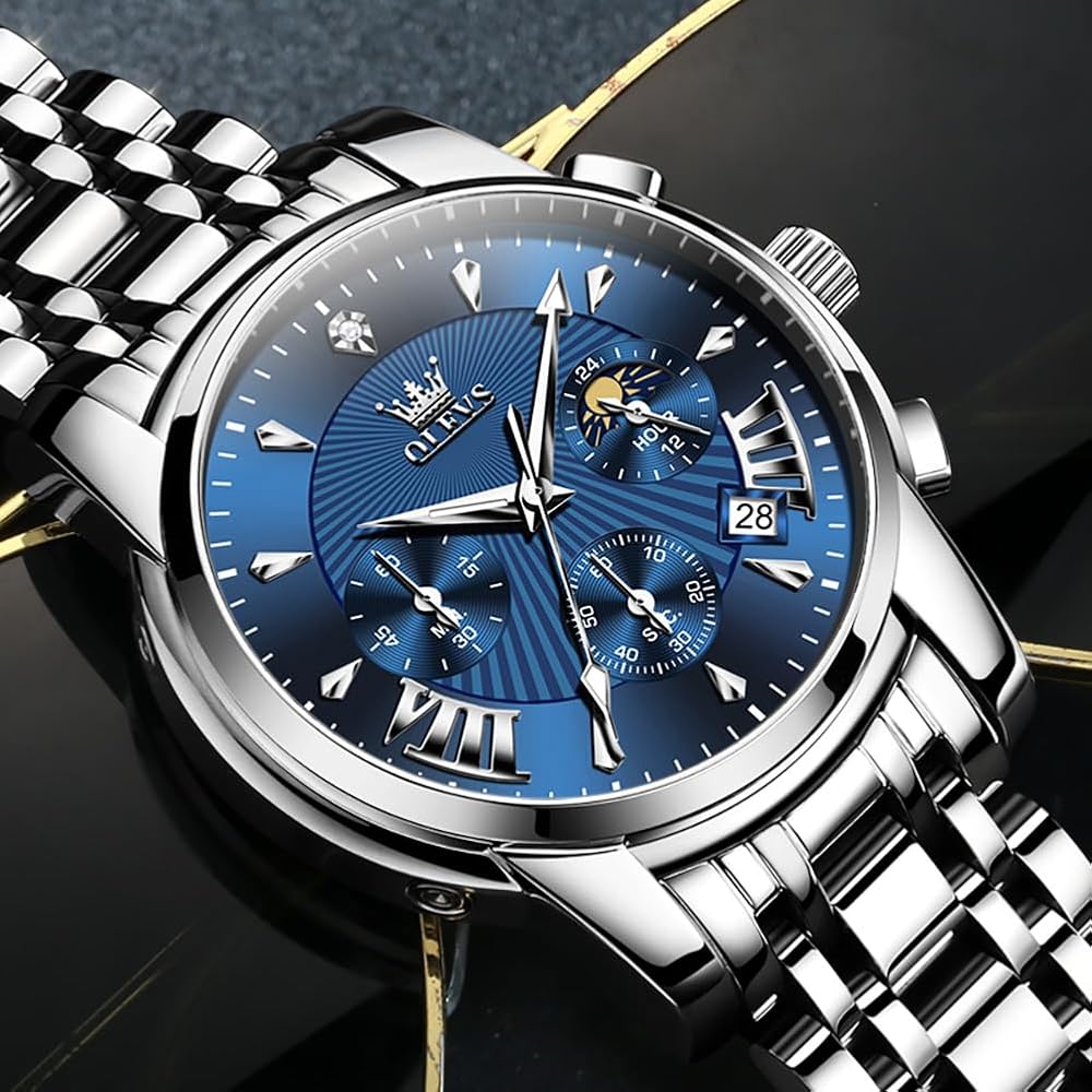 OLEVS Men's Chronograph Watch Blue/White Analog Waterproof Business Style Large Display Quartz