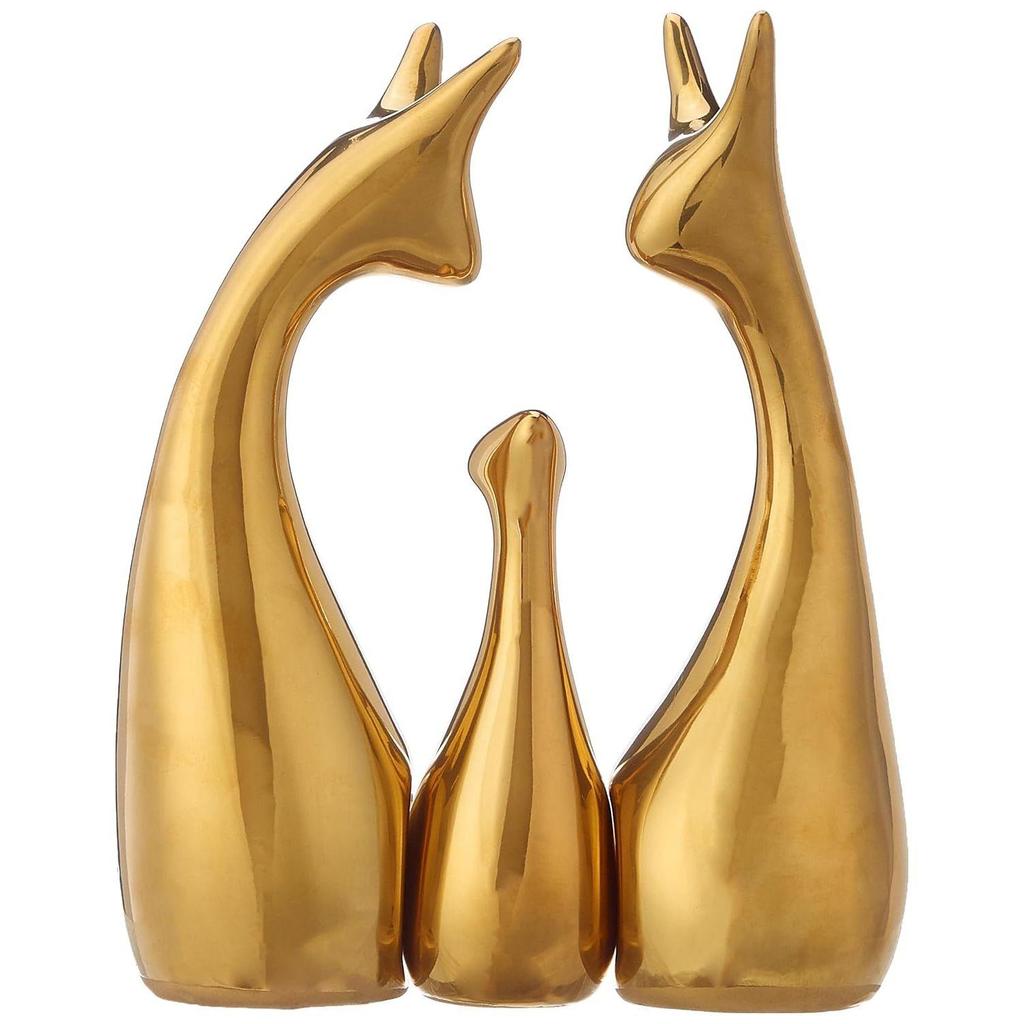 Home Decor Deer Menage Metallic Finish Ceramic Figures - (Set of 3, Golden Set)