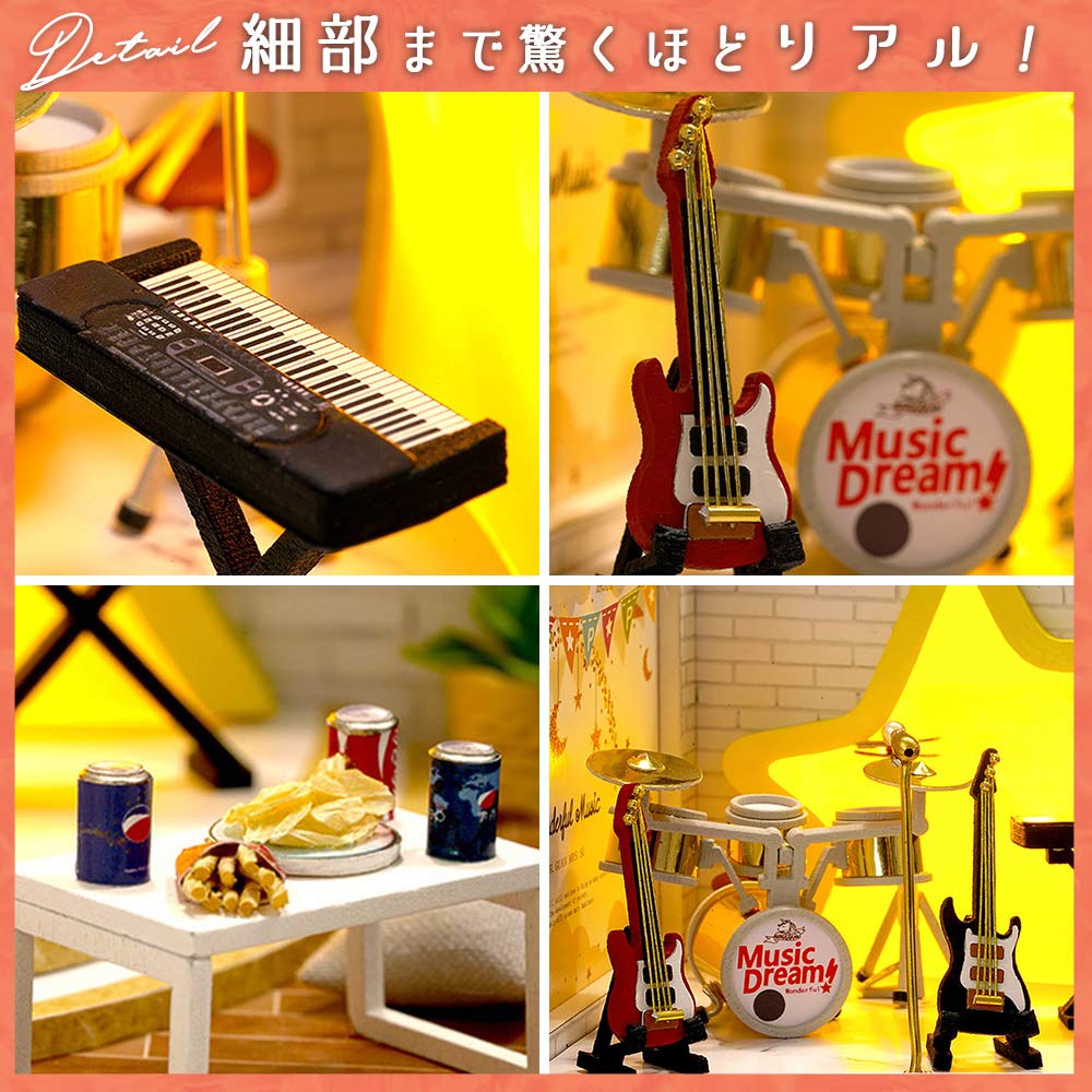 moin moin Scale Dollhouse Miniature DIY Kit Set with and Musical Instruments LED Light Acrylic Case 1/32 Dreamcatcher, Band, Stage, Ultra-Small,