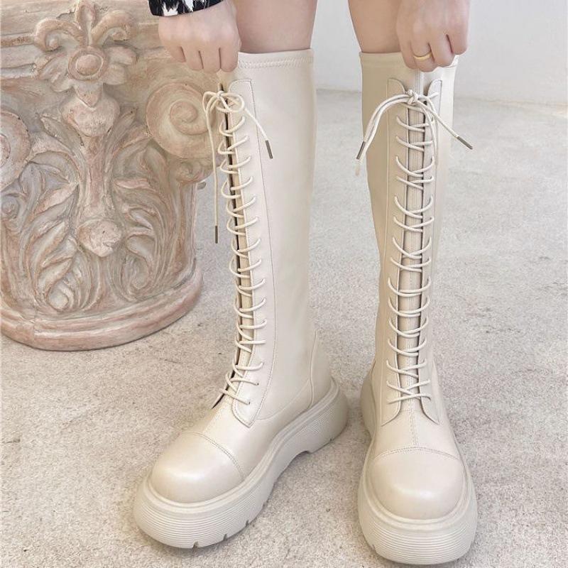 Stövlar Damstövlar Nytt på hösten och vintern Vita Plattformstövlar Fleece Snörning Höga Martin-stövlar