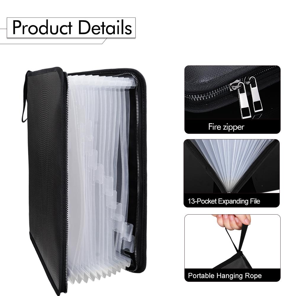 US Fireproof Zipper Wallet with 24 Transparent Fiberglass Pockets and Accordion Design for Filing