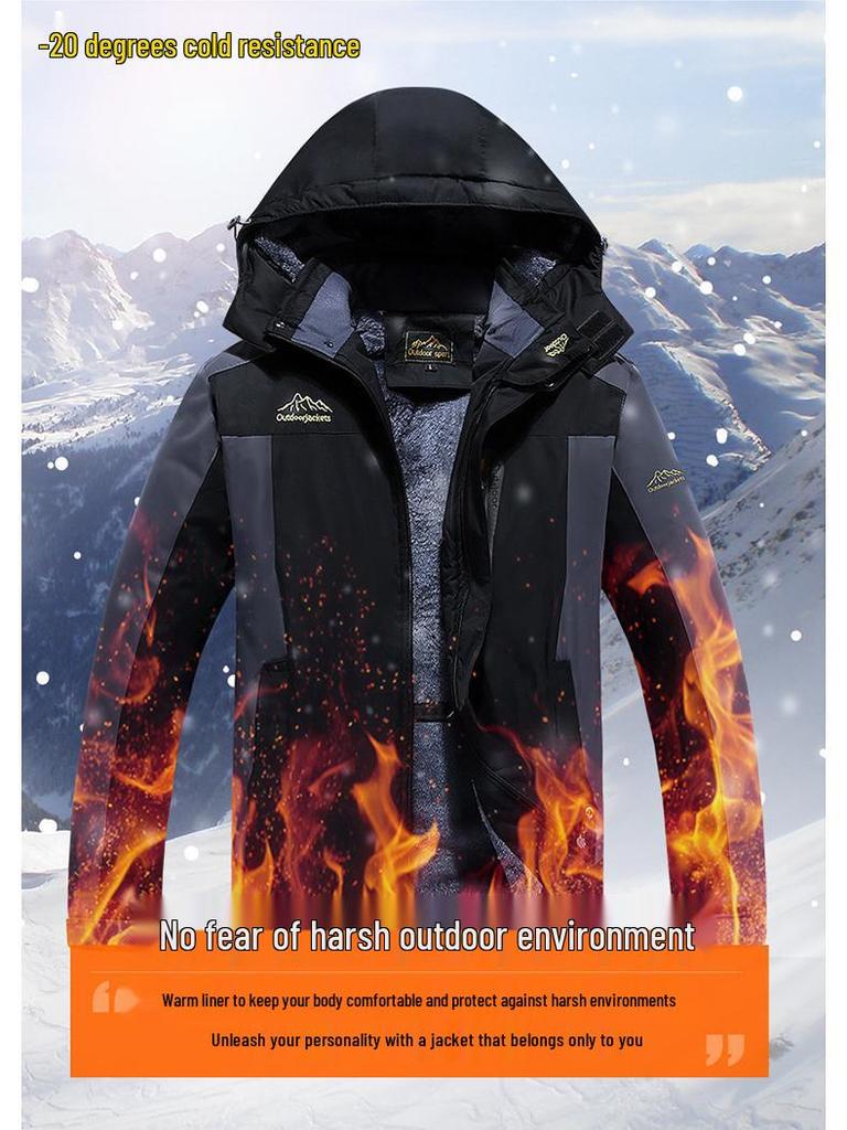 LXL Men's Windproof Winter Ski Jacket - Plus Size, Loose Fit, Fleece Lined, Thickened, Hooded, Warm Cotton Outerwear.