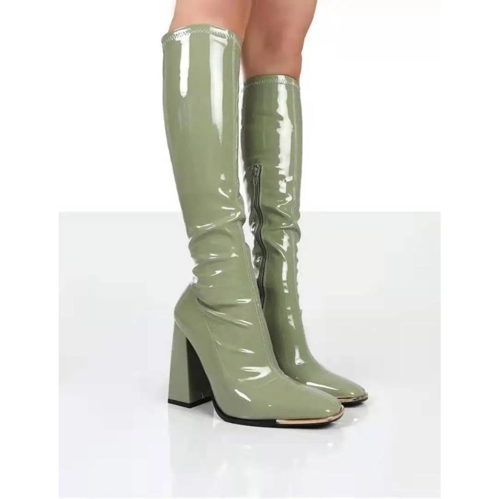 Dámské kozačky se čtvercovým podpatkem Vysoké ke kolenům Klasické kozačky se čtvercovou špičkou PU Kožené kozačky na zip Společenské šaty Taneční boty Botas De Mujer