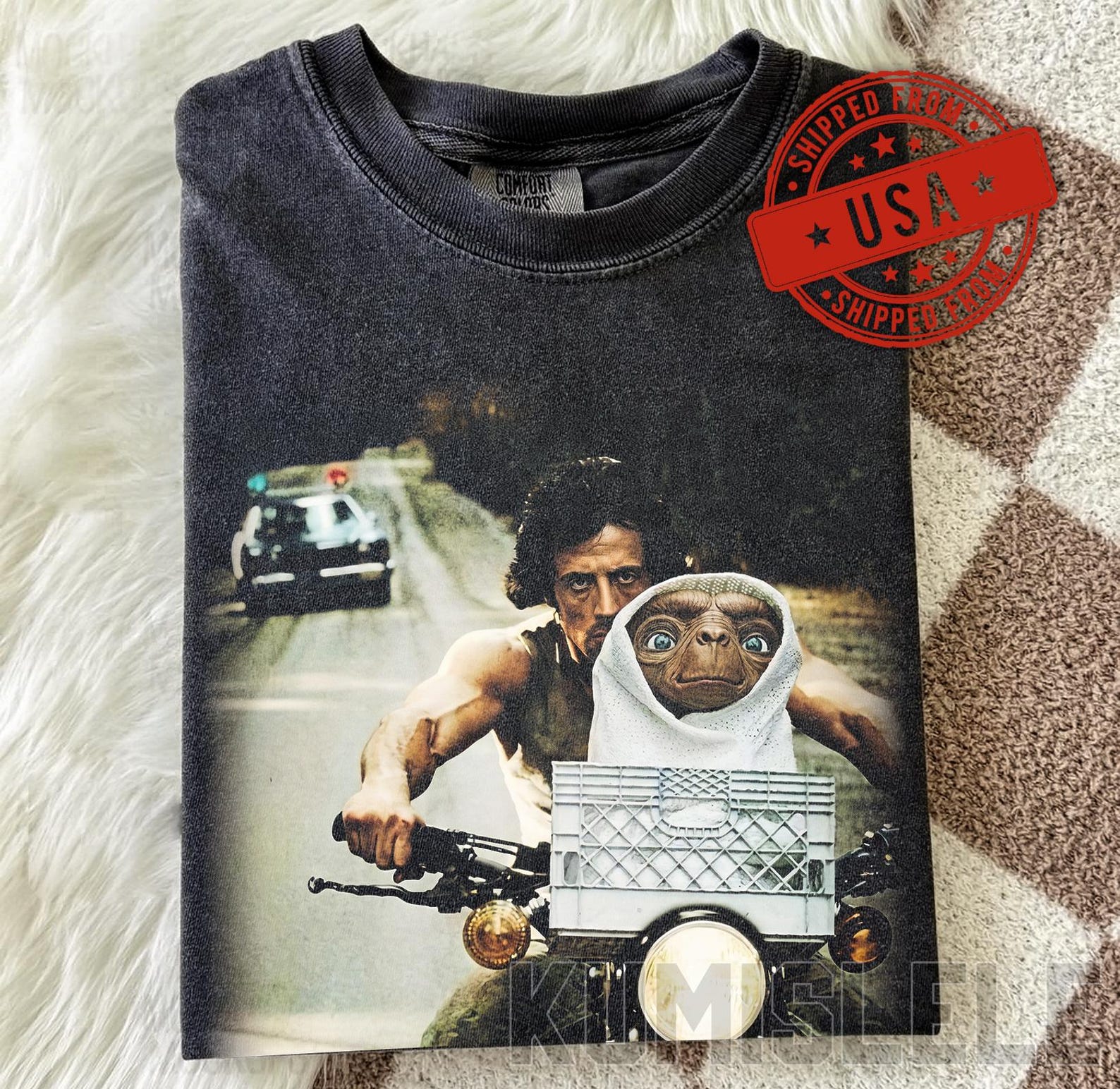 Rambo E.T. Mashup T-Shirt, Funny 80s Movie Parody Tee, Vintage Bootleg Style Shirt, Sylvester Stallone & Alien Graphic Tee,Retro Cinema Gift 4XL