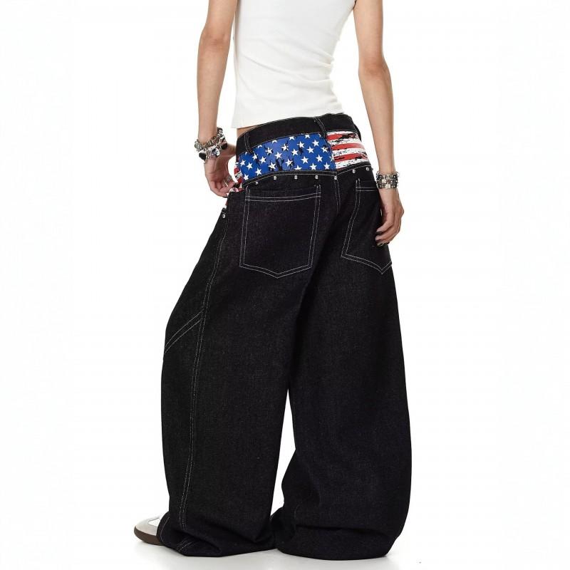 Unisex Relaxed Fit Denim Jeans With Deconstructed Flag Print Contrast Stitching Button Fly Mid-Rise Straight Cut