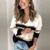 Fashion Women Casual Stripes V-Neck Patchwork Long Sleeves Sweater Blouse Tops