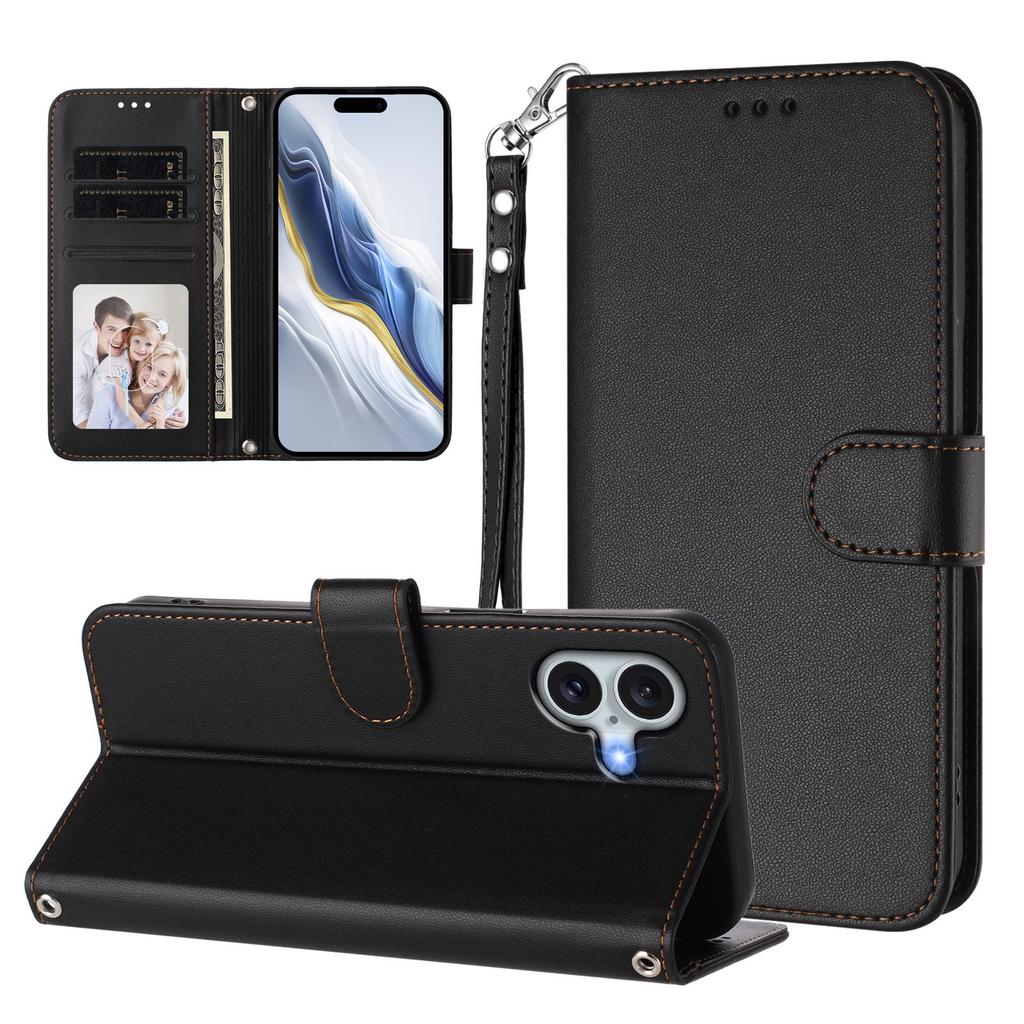 For iPhone 16 Plus Leather Case Wallet Stand Phone Cover with Wrist Strap