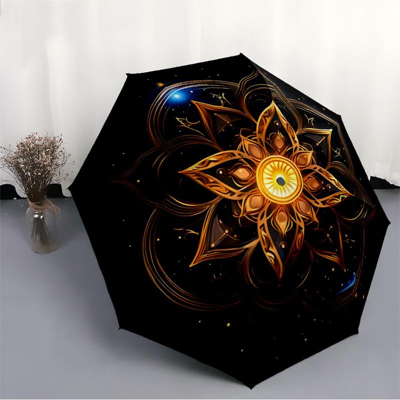 1pc Golden Mandala Auto-Fold Umbrella with One-Touch Open/Close - 8 Reinforced Ribs for Windproof Stability,  Yy251118136