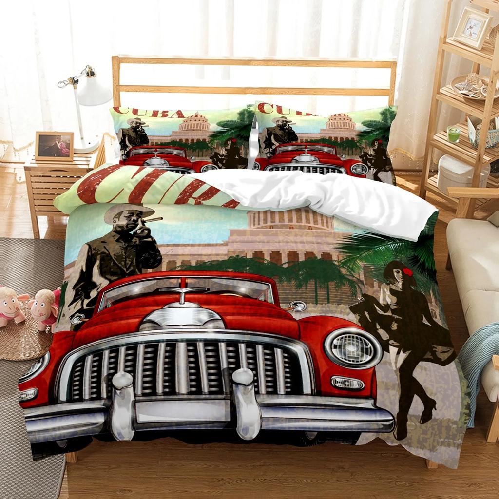 New York Statue of Liberty Duvet Cover King Queen Size Retro Car Nostalgic 50s Bedding,Vintage Car Polyester Quilt Cover for Men