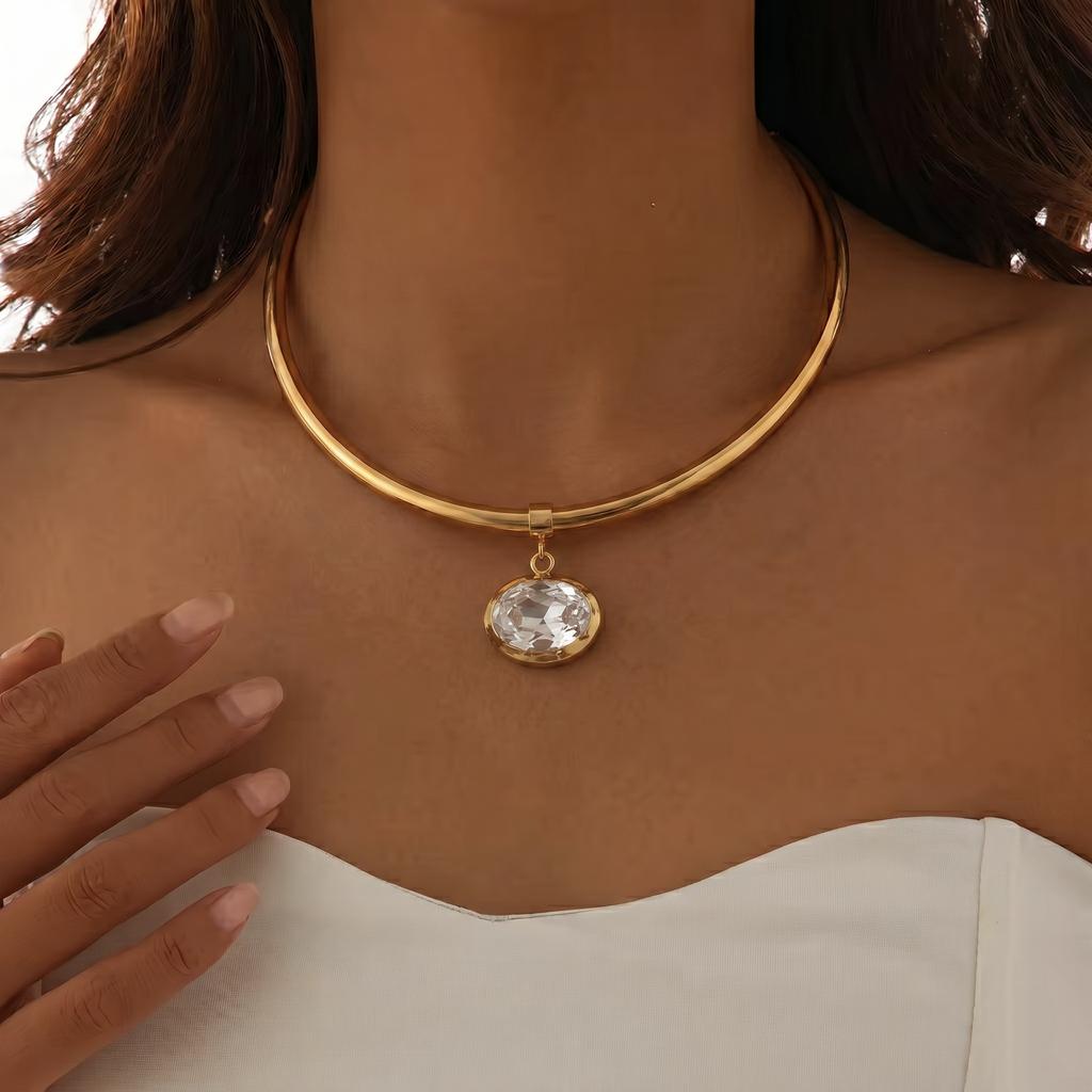 CE Certificate Stainless Steel PVD 18k Gold Plated AAA Oval Zircon Pendant Open Choker Cuff Torque Necklace East West Jewelry