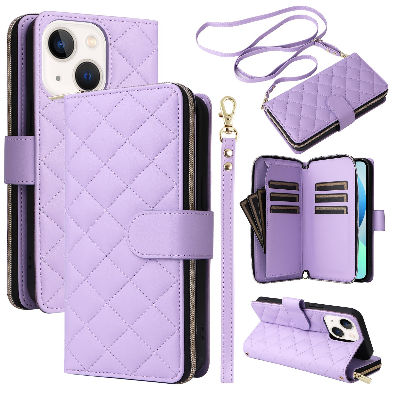 

For iPhone 13 mini Case Leather Zipper Pouch Wallet Crossbody Phone Cover Purple