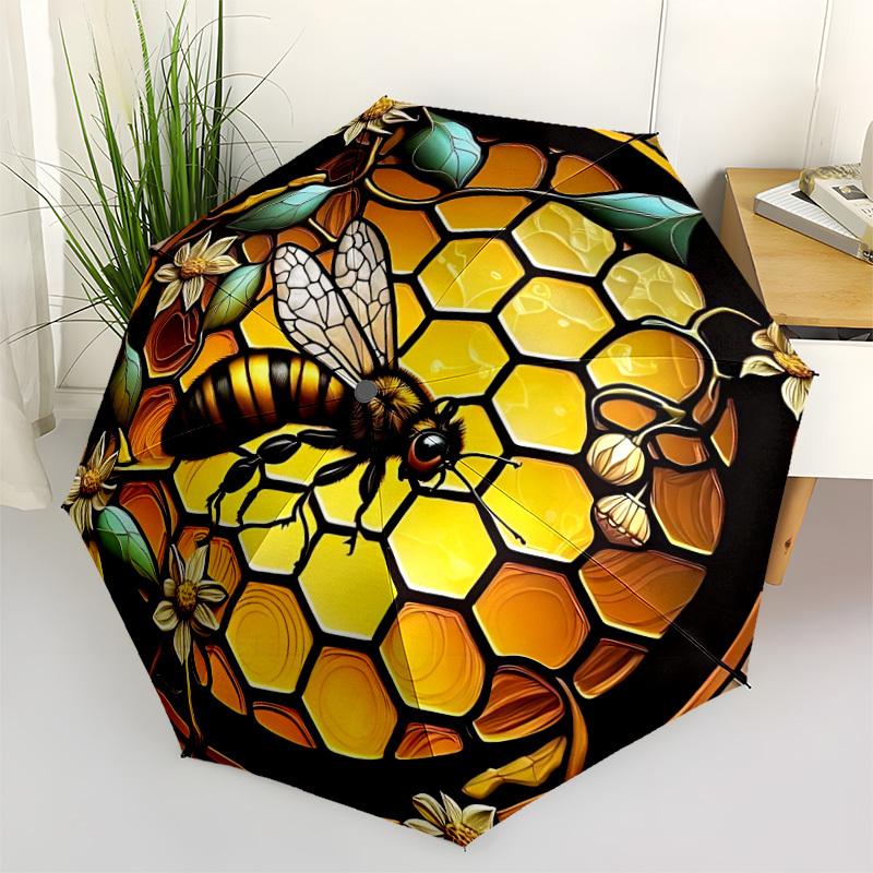 1pc Bee Honeycomb Automatic Folding Umbrella Compact Lightweight Travel Umbrella with 8-Rib Sturdy Frame, Windproof & Self031