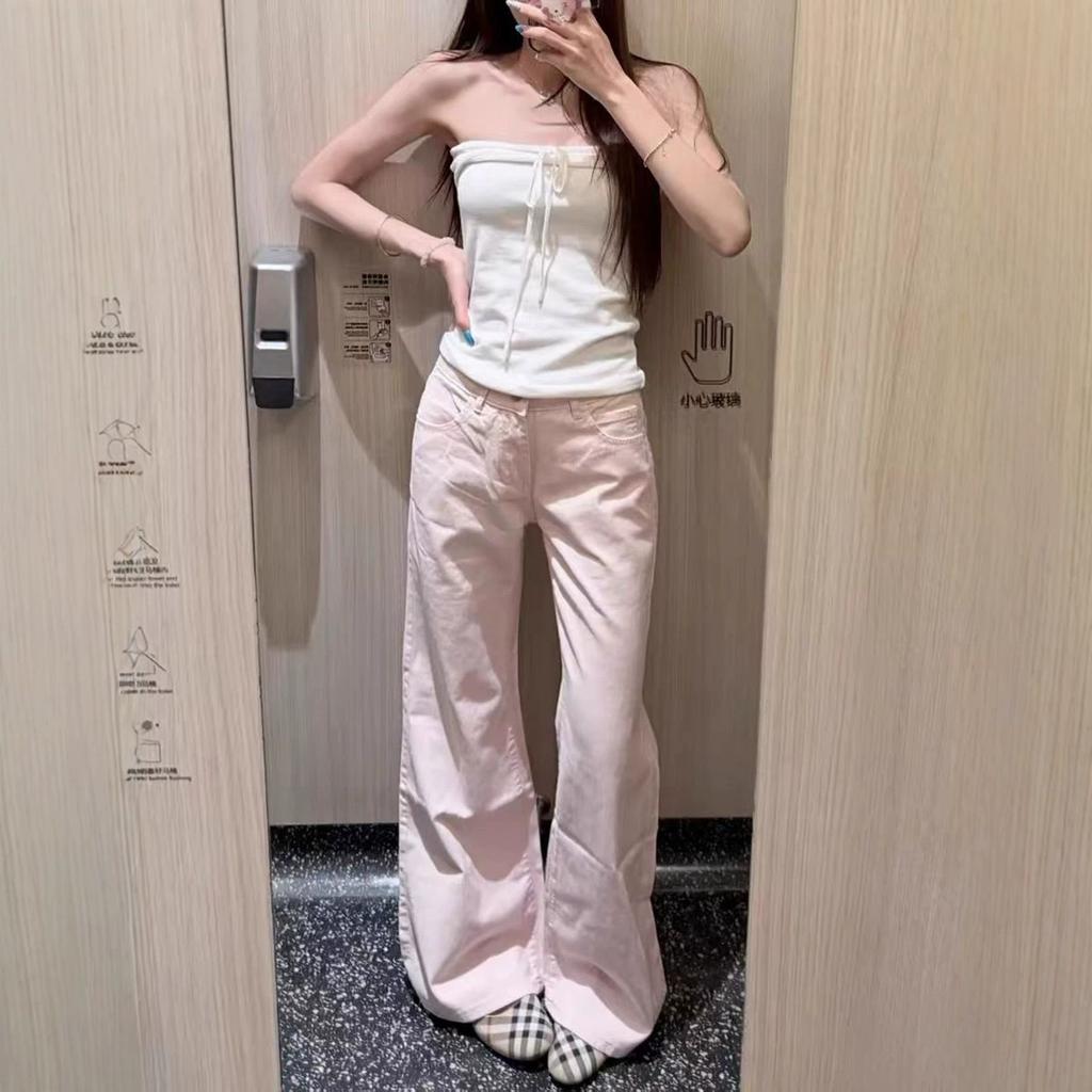Damen Straight Leg Jeans Casual Einfarbige Baumwollmischung Hohe Taille Tägliche Streetwear Lange Hosen