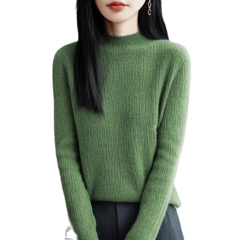 Long-sleeved Pullover Sweater for Women, Fitted and Slimming, with A Semi-high Collar, Knitted Base Layer Top