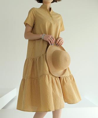 Ppaeppae Waffle Half-Open Check Long Dress