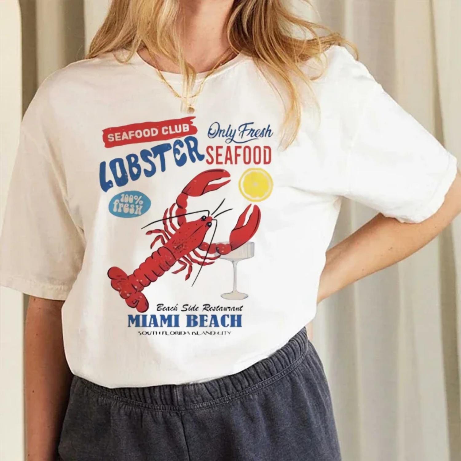

T-Shirt Women s Short Sleeved Cartoon Crayfish Pattern Harajuku Print Cute and Versatile Clothes Summer Travel Popular T-Shirt XXXXXL білий