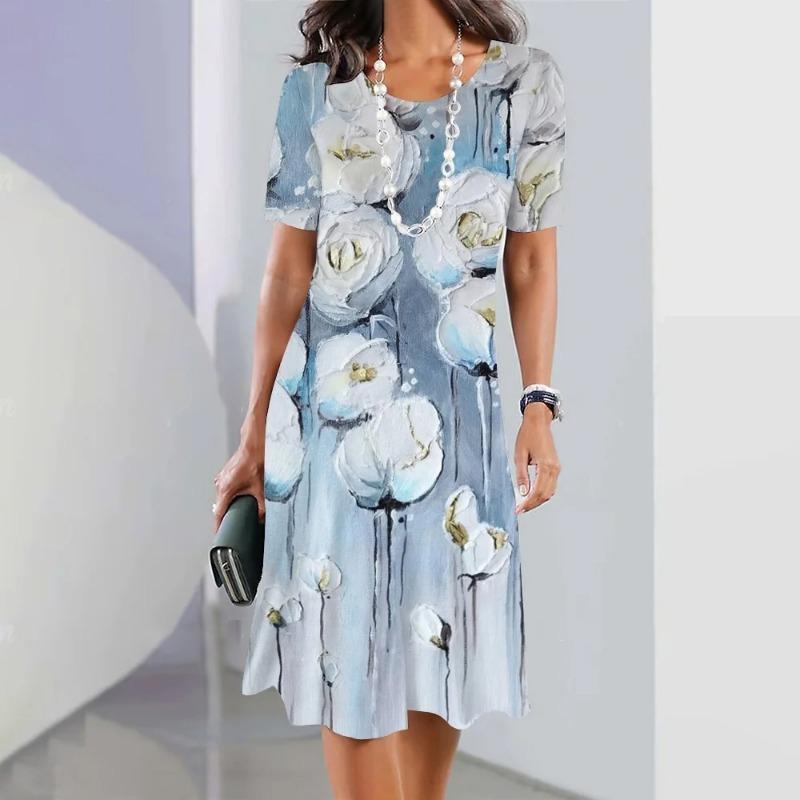 Elegant Floral Print Midi Dress Summer Women's Loose A-Line Dress Digital Printing Round Neck Short Sleeve Comfortable Fit