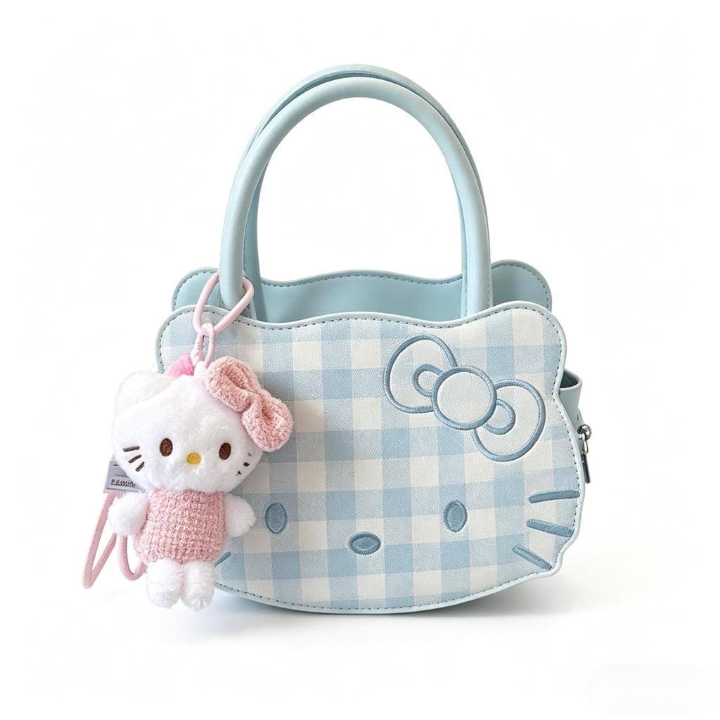 Miniso Fashionable Women's Shoulder Bag Plaid Pattern Women's Shoulder Bag with Pink KT Cat Pendant