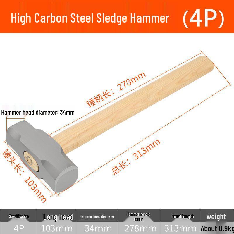 Wytrzymały Młotek Ośmiokątny z Kwadratową Głowicą i Drewnianą Rękojeścią do Prac Rozbiórkowych i Murarskich
